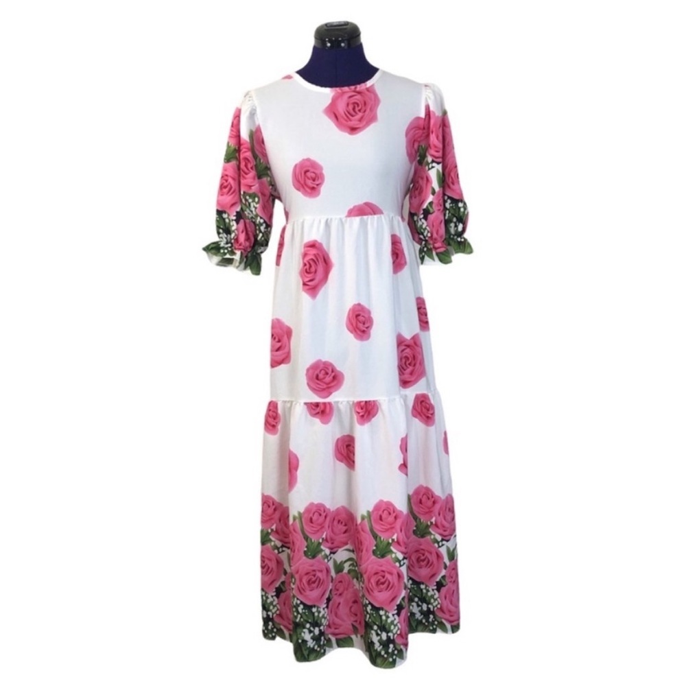 White Pink Floral Rose Maxi Dress